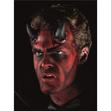 Close-up of a character with red face paint and horns against a black background