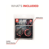 Packaged latex devil horns with adhesive, labeled 'What's Included'.