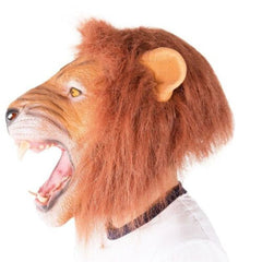 Realistic latex lion mask which covers the head with large teeth, tonge, furry mane.