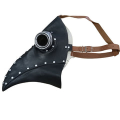 Black plague doctor mask with long nose and hood on a white background