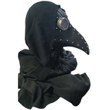 Black plague doctor mask with long nose and hood on a white background