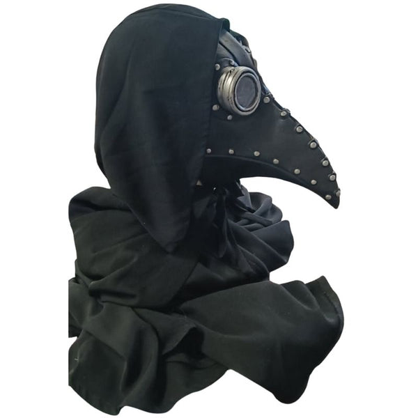 Black plague doctor mask with long nose and hood on a white background