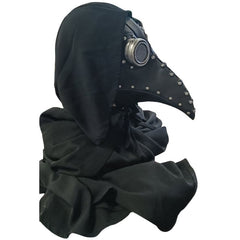Black plague doctor mask with long nose and hood on a white background