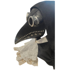 Black leather look latex plague doctor mask with a long nose and brown strap on a white background