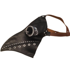 Black leather look latex plague doctor mask with a long nose and brown strap on a white background