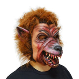 Adult wearing a deluxe latex werewolf mask for Halloween, horror and animal-themed costume parties.