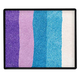 A rectangular makeup palette with five vertical stripes of pearl face paint in purple, light purple lilac, blue, light blue, and white, enclosed in a black frame.