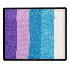 A rectangular makeup palette with five vertical stripes of pearl face paint in purple, light purple lilac, blue, light blue, and white, enclosed in a black frame.