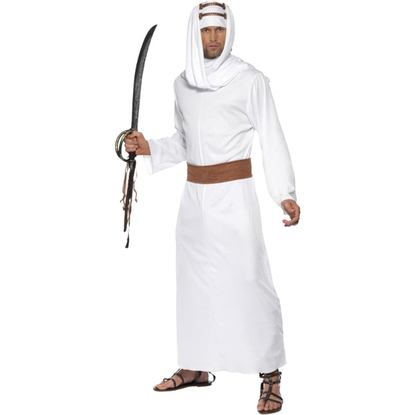 White Lawrence of Arabia costume with robe, headpiece, and belt – desert explorer outfit