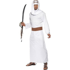 White Lawrence of Arabia costume with robe, headpiece, and belt – desert explorer outfit