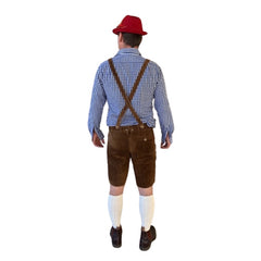 Brown leather lederhosen costume with Alpine hat for hire in Brisbane