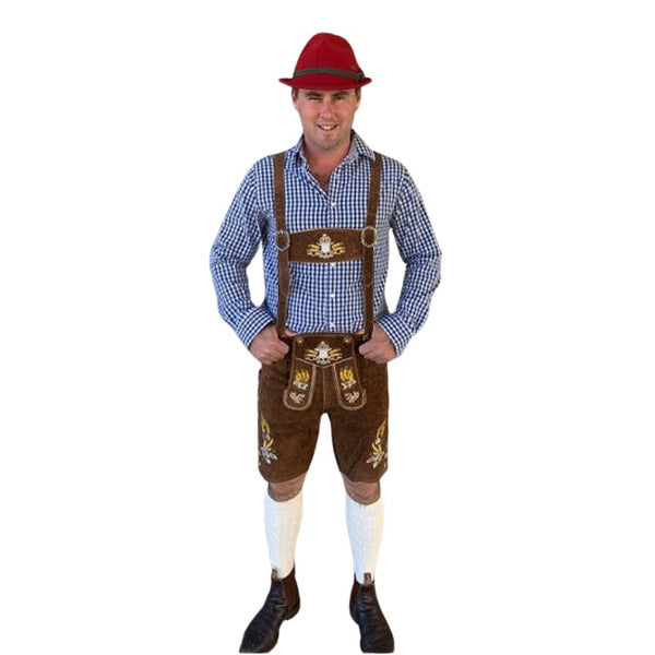 Brown leather lederhosen costume with Alpine hat for hire in Brisbane