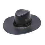 Black faux leather cowboy hat with chin cord and air vents for western costumes