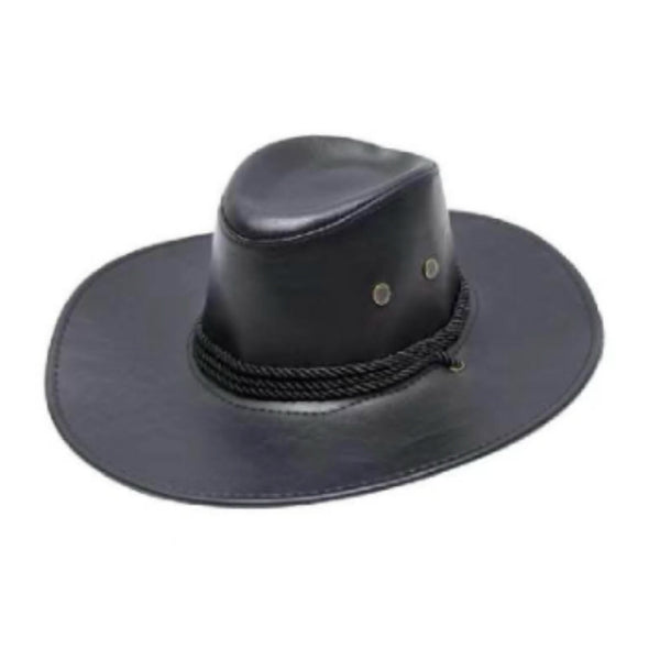 Black faux leather cowboy hat with chin cord and air vents for western costumes