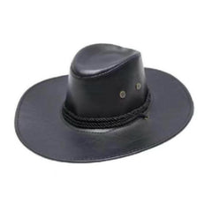 Black faux leather cowboy hat with chin cord and air vents for western costumes