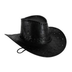 Black leather look cowboy hat with chin strap – Western costume accessory