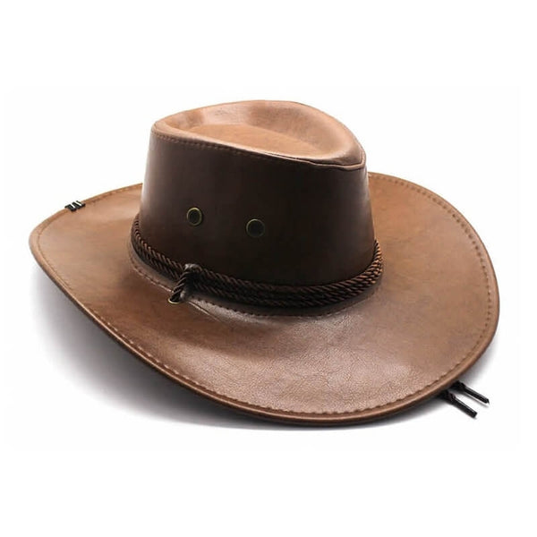 Brown leather look cowboy hat with chin cord and side air vents – costume accessory