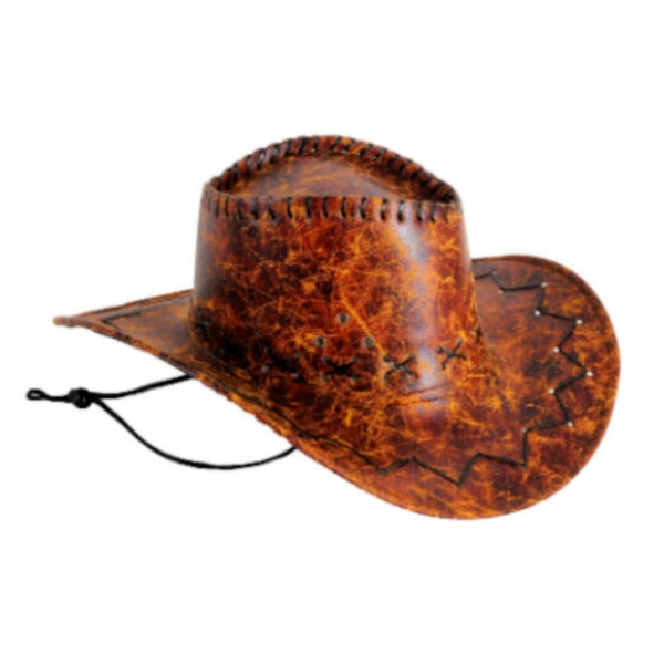 Leather Look Cowboy Hat-Light Brown with air vents, leather look lacing and cord and toggle.