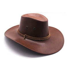 Red brown leather look cowboy hat with chin cord and air vents – adult western costume hat