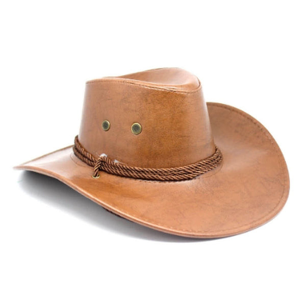 Tan leather look cowboy hat with air vents and chin cord – adult size costume accessory