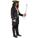 Leather look coat showing cuff and button detail, worn as a pirate