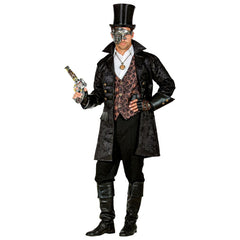 Leather look multicharacter black coat with distressed finish, wide cuffs and button detail