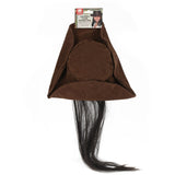 Top view of brown tri-corn hat with attached black hair