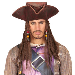 Leather look pirate tricorn hat with attached dreadlocks and front bead detail.