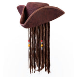 Leather look pirate tricorn hat with attached dreadlocks and front bead detail.