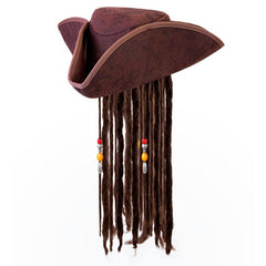 Leather look pirate tricorn hat with attached dreadlocks and front bead detail.