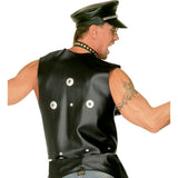 Back of leather look studded vest worn by Bikie