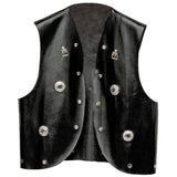 Black leather vest with silver buttons on a white background
