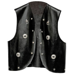 Leather look black vinyl studded vest, rocker and punk costume accessory for musicians and bikers