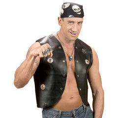 Leather look black vinyl studded vest, rocker and punk costume accessory for musicians and bikers