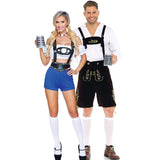 Woman and man wearing matching Oktoberfest lederhosen costumes, ideal for couples or group themes.