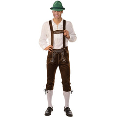 Lederhosen Male Costume with long brown pants and attached braces by Dr Toms – ideal for Oktoberfest and German dress-up events