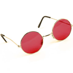 Red lens round Lennon glasses with gold frame – ideal for 60s, 70s, and superhero costumes.