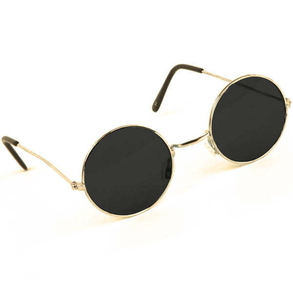 Lennon-style round glasses with dark lenses and gold wire frames – retro costume accessory.