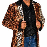 Close-up of adult leopard print jacket showing lapel and animal print detail