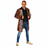adult leopard knee length jacket with black collar and cuffs