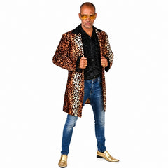 adult leopard knee length jacket with black collar and cuffs