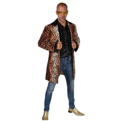 Mid-thigh length leopard print jacket for adults – unisex costume for 80s rock or pop star looks
