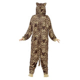 Leopard costume jumpsuit for adults, attached face on hood and tail.