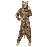 Leopard costume jumpsuit zips up at the front with cream cuffs.