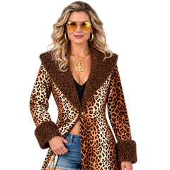 Ladies leopard print jacket with contrasting brown collar and cuffs front view