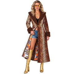 Ladies leopard print jacket with contrasting brown collar and cuffs front view