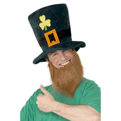 Leprechaun hat, dark green with shamrock, fabric band and felt buckle with attached ginger beard.