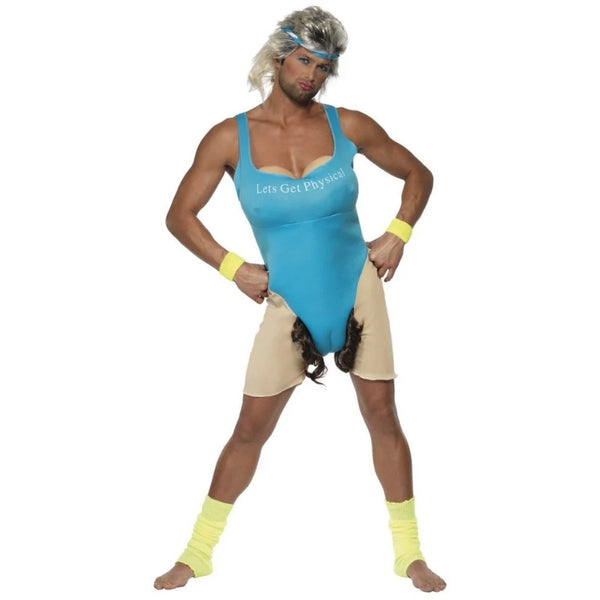Lets Get Physical Work Out Men's Costume, bodysuit with hair showing and headband.
