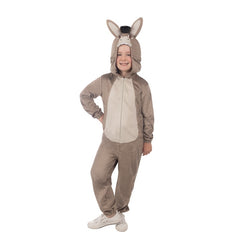 Child Donkey onesie costume from Shrek with attached hood and donkey ears