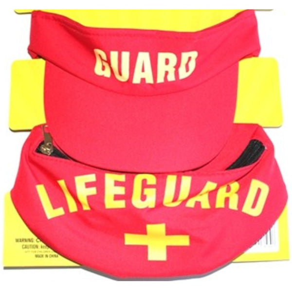 Red lifeguard visor and bum bag, guard printed on red visor and lifeguard and cross printed on bum bag.